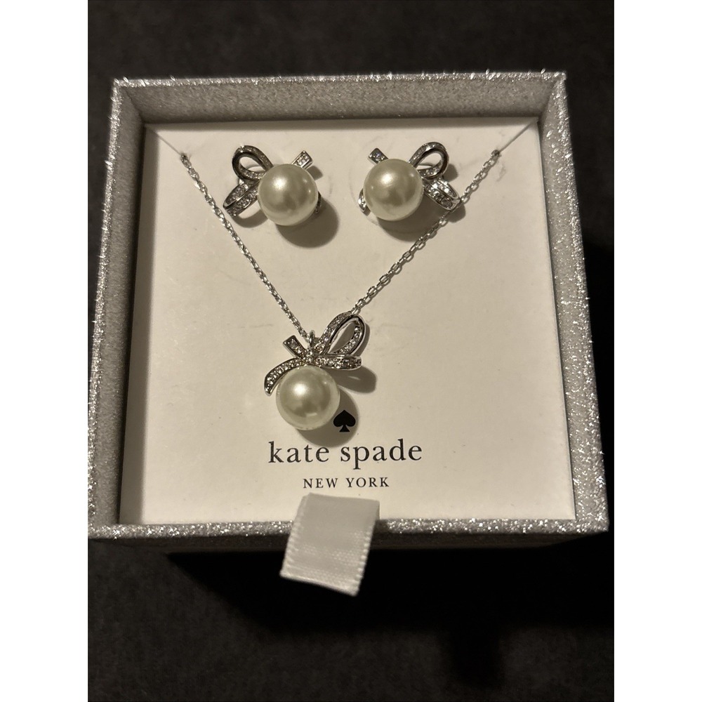 KATE SPADE Pearl & Diamond Bow Necklace & Stud Earring Set "All Tied Up" $129